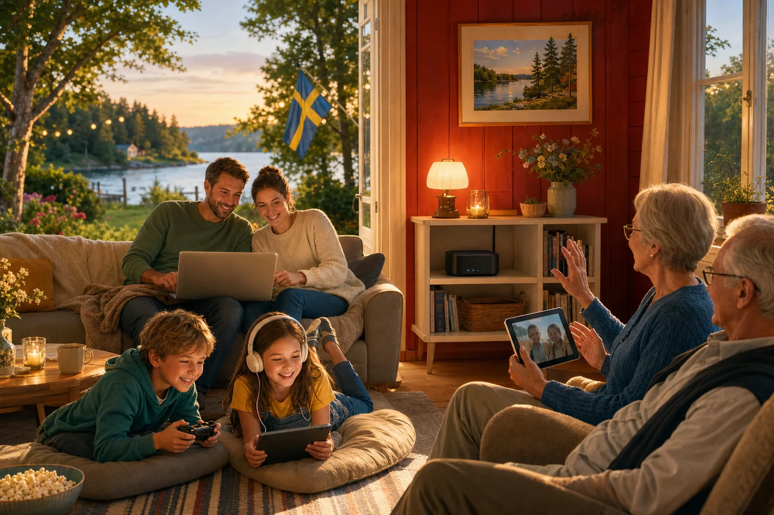 Familj i en svensk stuga som använder mobilt bredband tillsammans