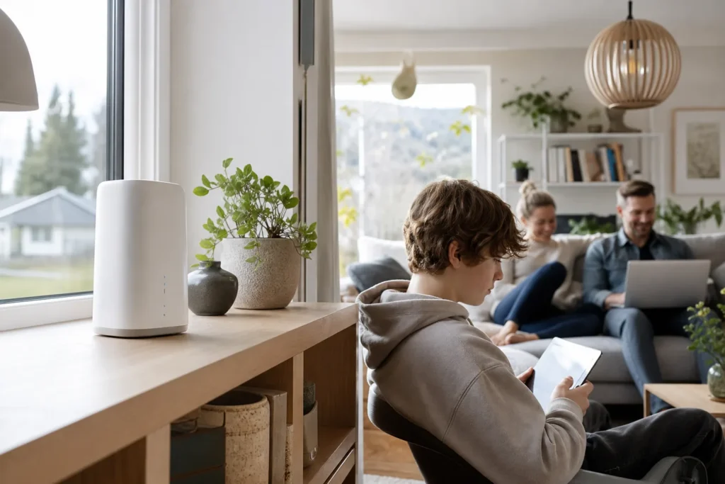 Familj använder mobilt bredband med router placerad nära ett fönster i ett ljust svenskt hem.