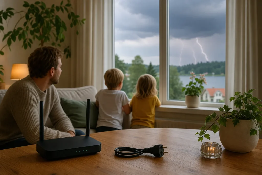 Router och urkopplad strömkabel i ett svenskt hem efter ett oväder.