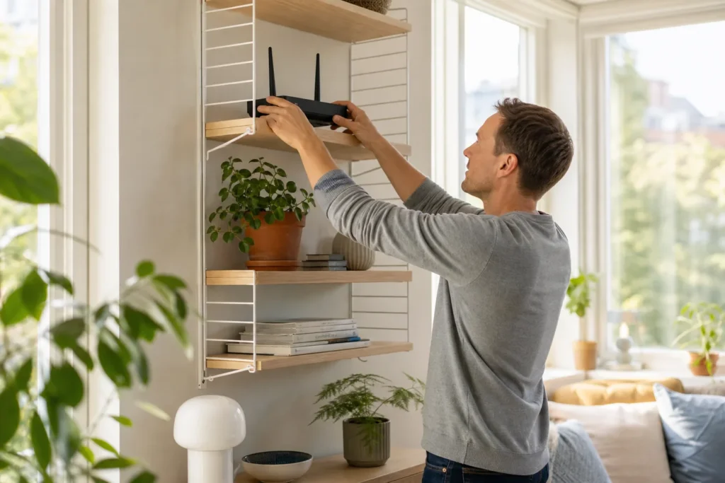 Person placerar en mobil bredbandsrouter högt och öppet nära ett fönster.
