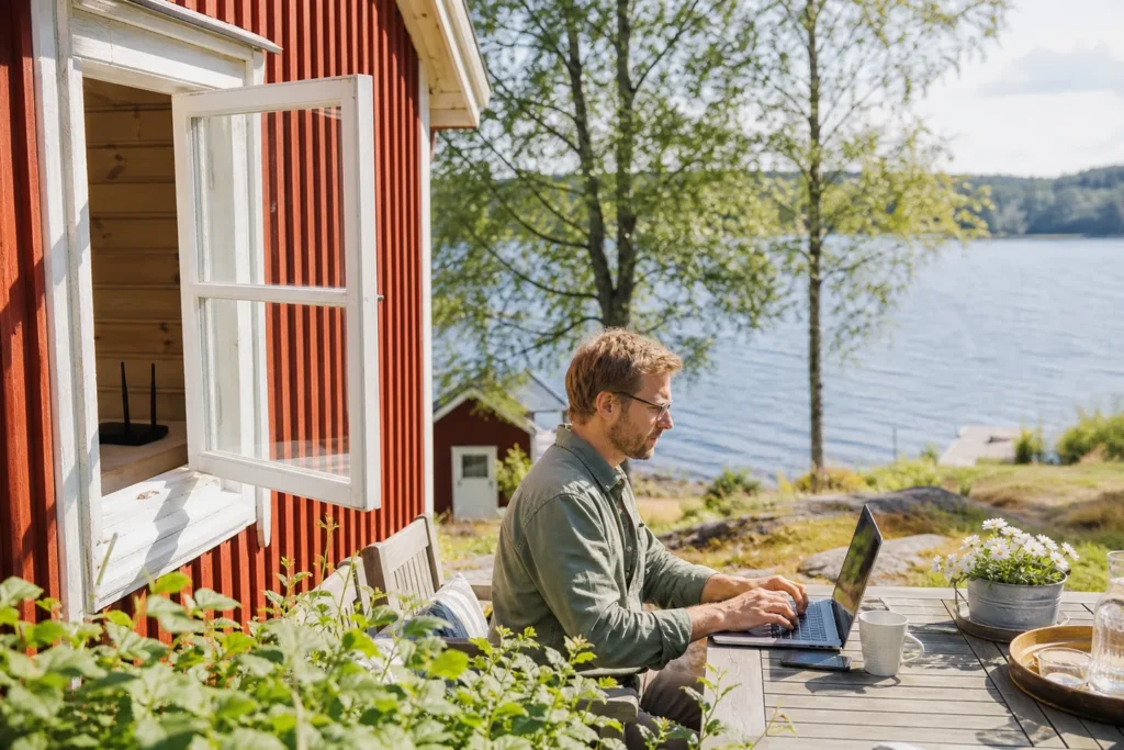 Person arbetar vid en bärbar dator i en svensk sommarstuga med mobilt bredband.